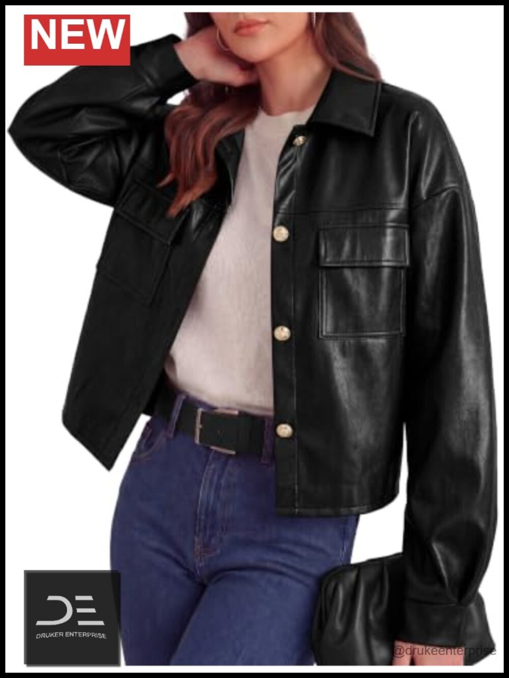 Faux Leather Button Down Jacket Long Sleeve Bomber Shacket Women's